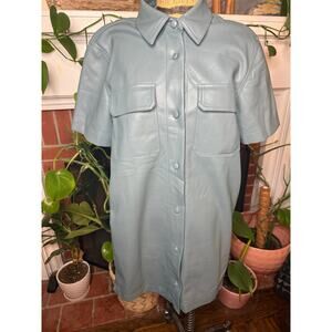 7 For All Mankind Faux Leather Mini Shirt Dress Baby Blue Size M Short Sleeve